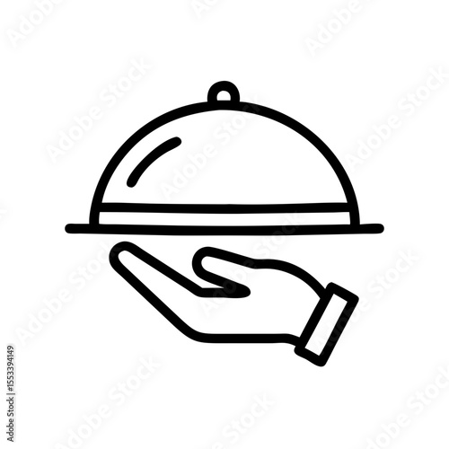 Hand holding silver restaurant cloche in minimalist line art  