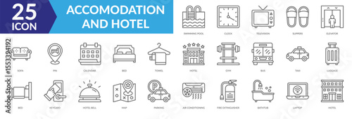 Waste management icon collection set. Containing Bed, Towel, Hotel, Hotel Bell, Bathtub, Swimming Pool,Clock, Television, Slippers, Elevator icon. Simple line vector.