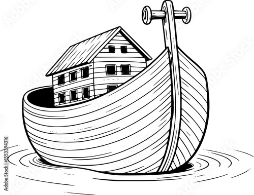 Noah's Ark Coloring Page Vector – Black and White Outline Illustration – Simple Biblical Ship Drawing for Kids – Religious Animal Pair Concept – Minimalist Line Art for Coloring