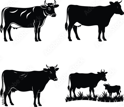 cow silhouettes vector illustration Cow silhouette, vector, icon set. Farm animals vector collection. Black cow silhouette on white background