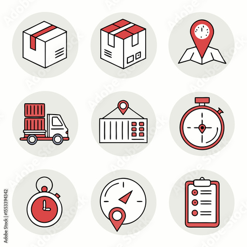 Set of nine flat design icons representing shipping logistics and delivery services