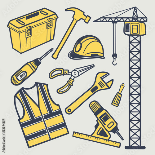 Collection of construction tools and safety gear in yellow and blue outline style