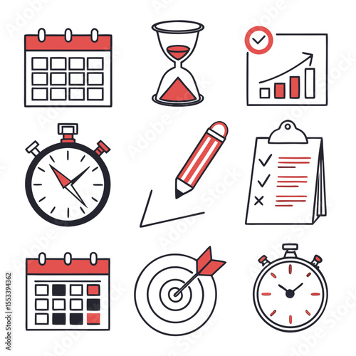 Collection of business icons representing planning time management and goal achievement