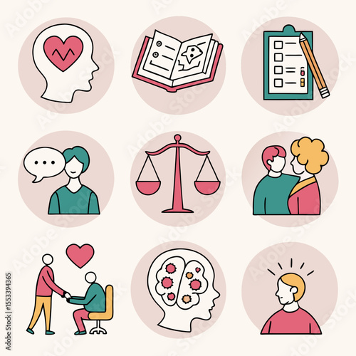 Set of icons representing mental health therapy and well being concepts