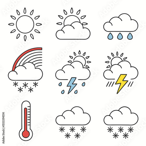 Collection of weather icons including sun clouds rain snow rainbow and thermometer