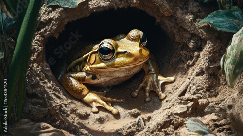 Frog in a burrow, earthy tones
