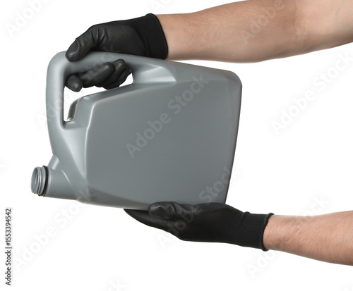 Fototapeta Naklejka Na Ścianę i Meble -  Man with grey canister of motor oil on white background, closeup