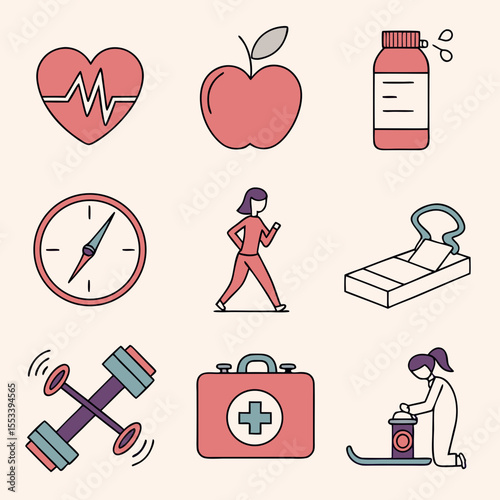 Collection of health and wellness icons representing fitness medicine and healthy living