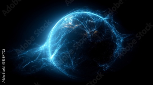 Abstract blue glowing planet Earth on a dark backgrond with shining lines.