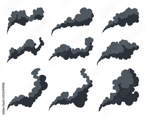 A collection of nine stylized dark gray smoke plumes rising on a clean white backdrop, creating a graphic illustrating pollution, fire, or industrial discharge.