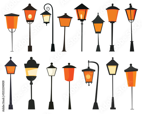 The image shows a set of vintage street lights in a cartoon style. Each one is unique with an orange glow, set on a plain white background. The mood is lighthearted.