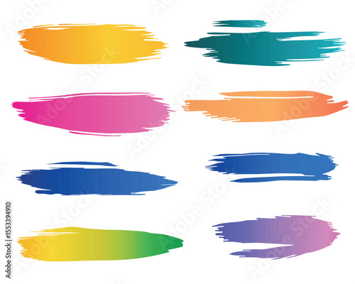A set of eight brushstroke designs in various colors, showing smooth gradients, set against a clean, white backdrop. The strokes offer a dynamic and abstract aesthetic.
