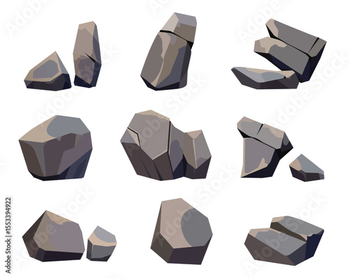 An assortment of cartoon-style gray rocks and stones are isolated on a white backdrop. The image provides rock and stone graphics for design and decoration projects.