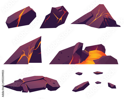 The image showcases various volcanic rock formations, some featuring glowing lava cracks. These geological elements evoke a sense of raw power and natural processes. 