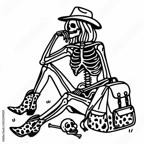Cowgirl Female skeleton with leopard print Camping. Cowboy Western American Cartoon Animal Clipart Line Art Vector Illustration. gal bone wildcat pattern outdoor trip in nature.