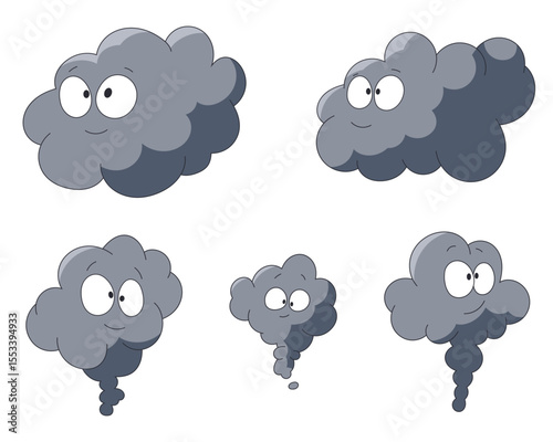 A collection of cartoon-style grey clouds with whimsical expressions featuring big eyes and small smiles, some with exhaust tails, against a white background. 