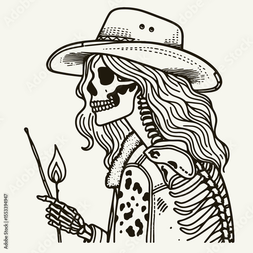 Cowgirl Female skeleton with leopard print Camping. Cowboy Western American Cartoon Animal Clipart Line Art Vector Illustration. West woman bony form open air adventure vacation.