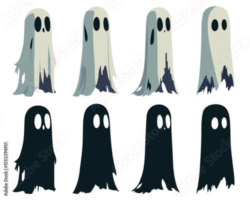 A set of eight cartoon ghosts. Four are white and somewhat transparent. Four are dark and silhouetted. The ghosts have rounded bodies, simple black eyes and mouths.