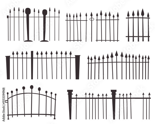 This image shows a collection of various wrought iron fence designs in black silhouette against a white background. The fences have a variety of styles and decorations.