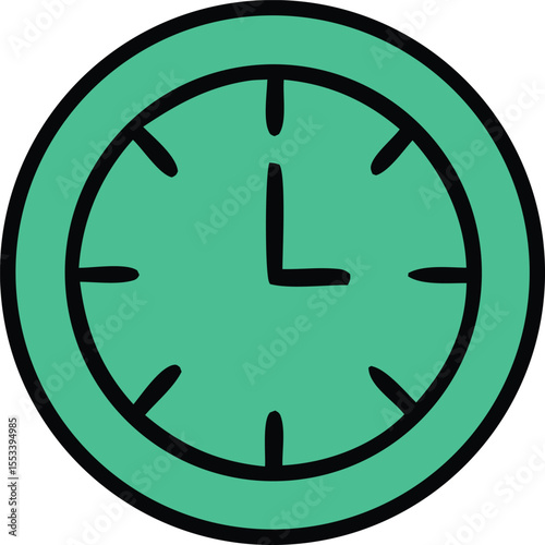 A simple stylized cartoon clock face with a teal background and black outline showing the time as approximately one oclock