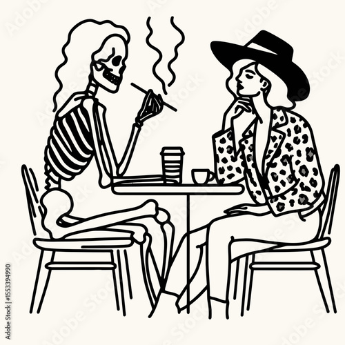 Cowgirl Female skeleton with leopard print Casual Coffee Date in cafe. Cowboy Western American Cartoon Animal Clipart Line Art Vector Illustration. garb human bone feline pattern relaxed.
