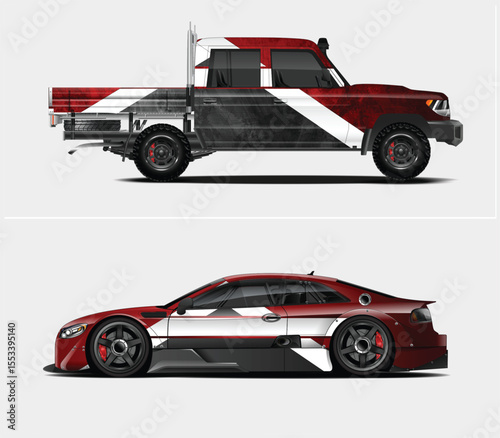 Red and White Race Car and Pickup Truck Designs