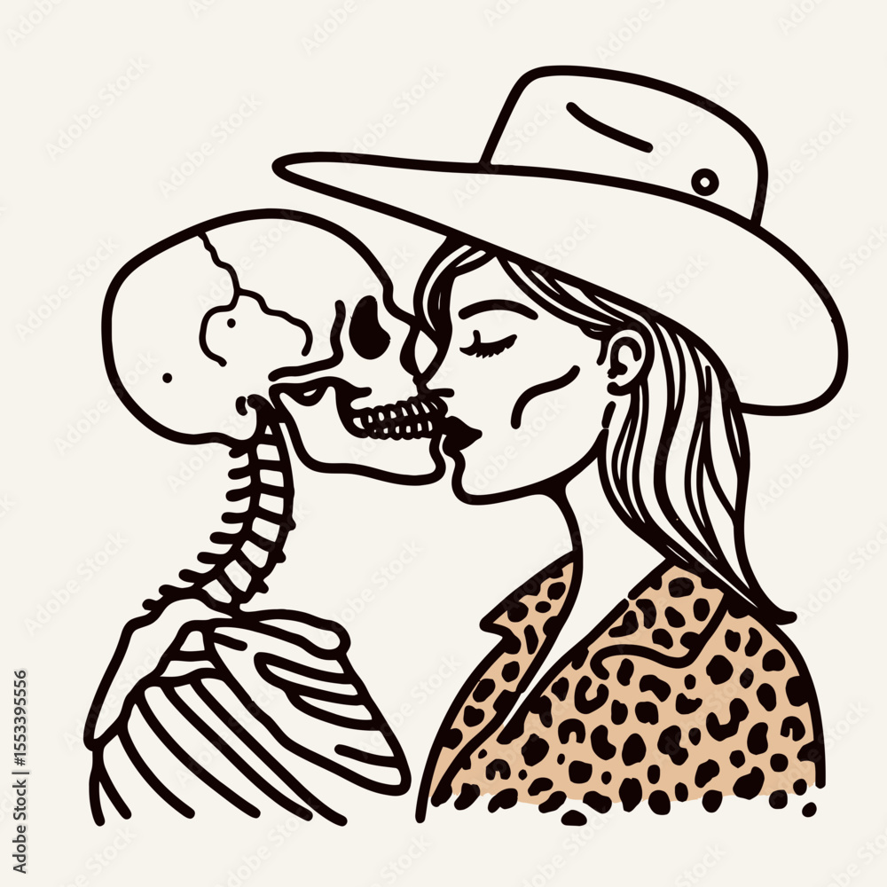 Fototapeta premium Cowgirl Female skeleton with leopard print Intimate Forehead Kiss. Cowboy Western American Cartoon Animal Clipart Line Art Vector Illustration. .