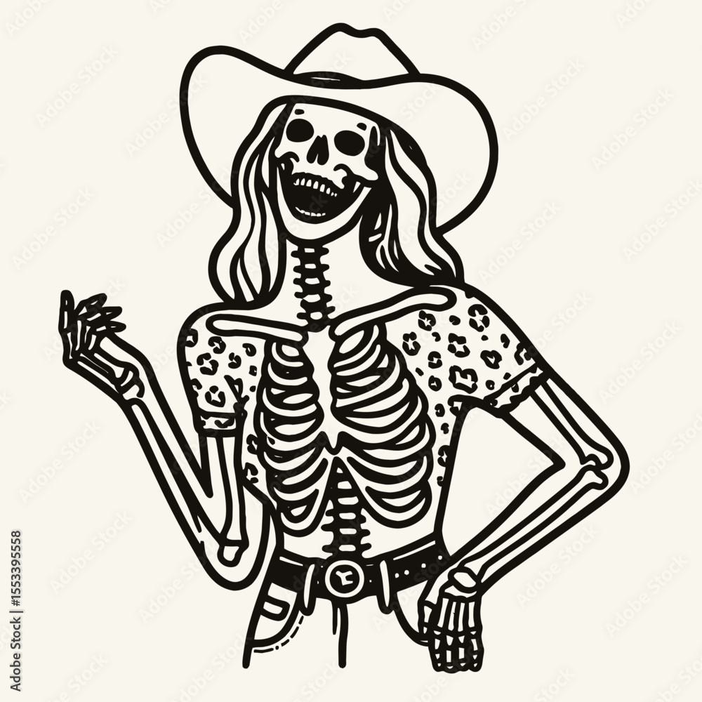 Fototapeta premium Cowgirl Female skeleton with leopard print Laughing Together. Cowboy Western American Cartoon Animal Clipart Line Art Vector Illustration. .