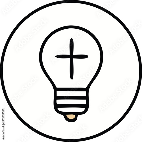 A simple black and white illustration of a light bulb with a christian cross inside symbolizing divine inspiration or spiritual enlightenment