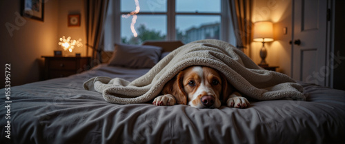 Calm dog hiding under blanket in cozy bedroom during storm, comfort
