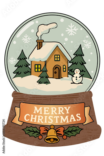 Merry Christmas snow globe with snowy house, fir trees, snowman, festive ribbon and holiday bell illustration for greeting cards and winter decor