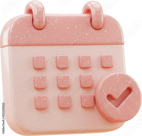 Cute pink 3D calendar icon with checkmark for event planning and schedule confirmation
