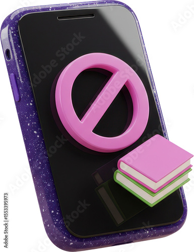 Digital detox concept, smartphone with no books symbol and purple case