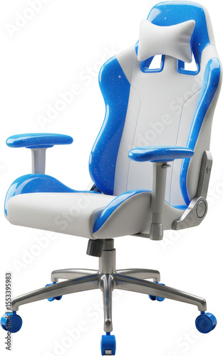 Modern blue and white gaming chair with ergonomic design and adjustable features