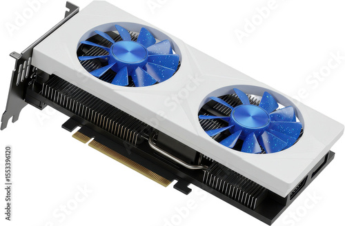 High performance white graphics card with blue fans for computer systems