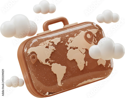 Brown travel luggage with world map and location pins surrounded by fluffy clouds