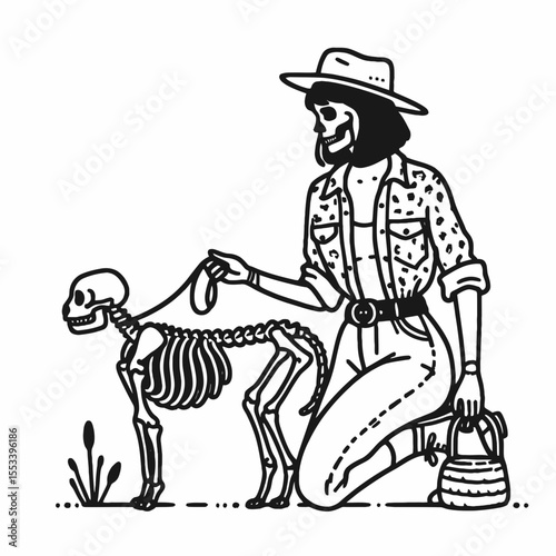 Cowgirl Female skeleton with leopard print Taking care of a pet. Cowboy Western American Cartoon Animal Clipart Line Art Vector Illustration. .