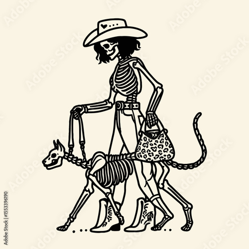 Cowgirl Female skeleton with leopard print Taking care of a pet. Cowboy Western American Cartoon Animal Clipart Line Art Vector Illustration. .