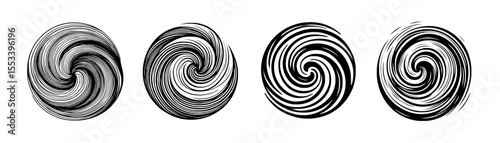 Spiral swirl black and white abstract circular motion symbol in various artistic styles