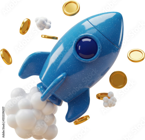 Dynamic blue rocket launching with flying gold coins for business growth and success
