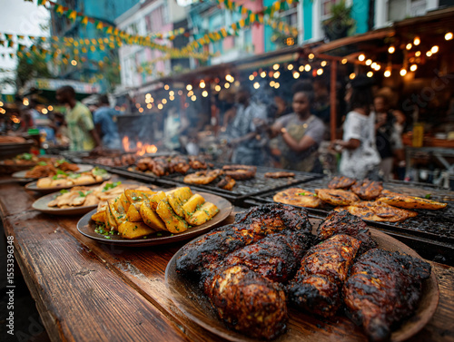 Family enjoying food stalls at the Notting Hill Carnival, jerk chicken, roti, and plantains on plates, smoky grills and Caribbean flags around, children dancing nearby.