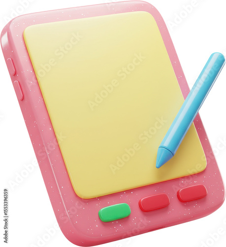 Playful pink 3D tablet with blue stylus and yellow screen for digital drawing