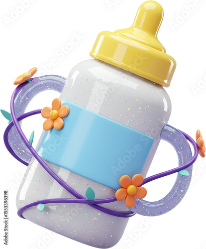 Whimsical baby bottle with glitter and floral accents for newborn essentials
