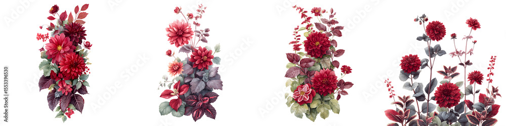 Naklejka premium Burgundy Dahlias Watercolor Collection: Elegant Floral Elements Isolated on White