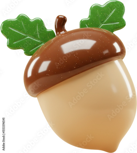 Glossy 3D acorn with brown cap and green oak leaves, autumn forest nut symbol