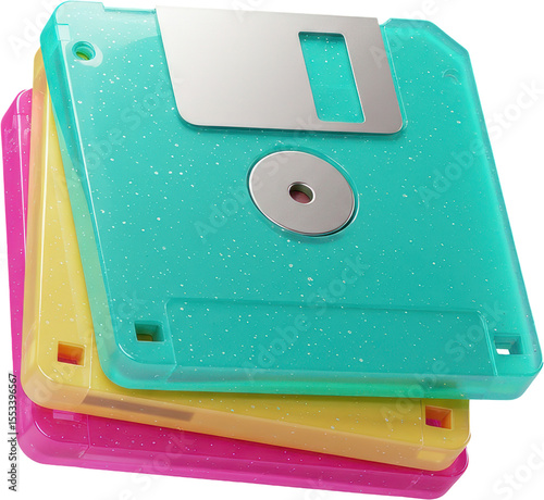 Vibrant stack of three floppy diskettes representing old computer technology