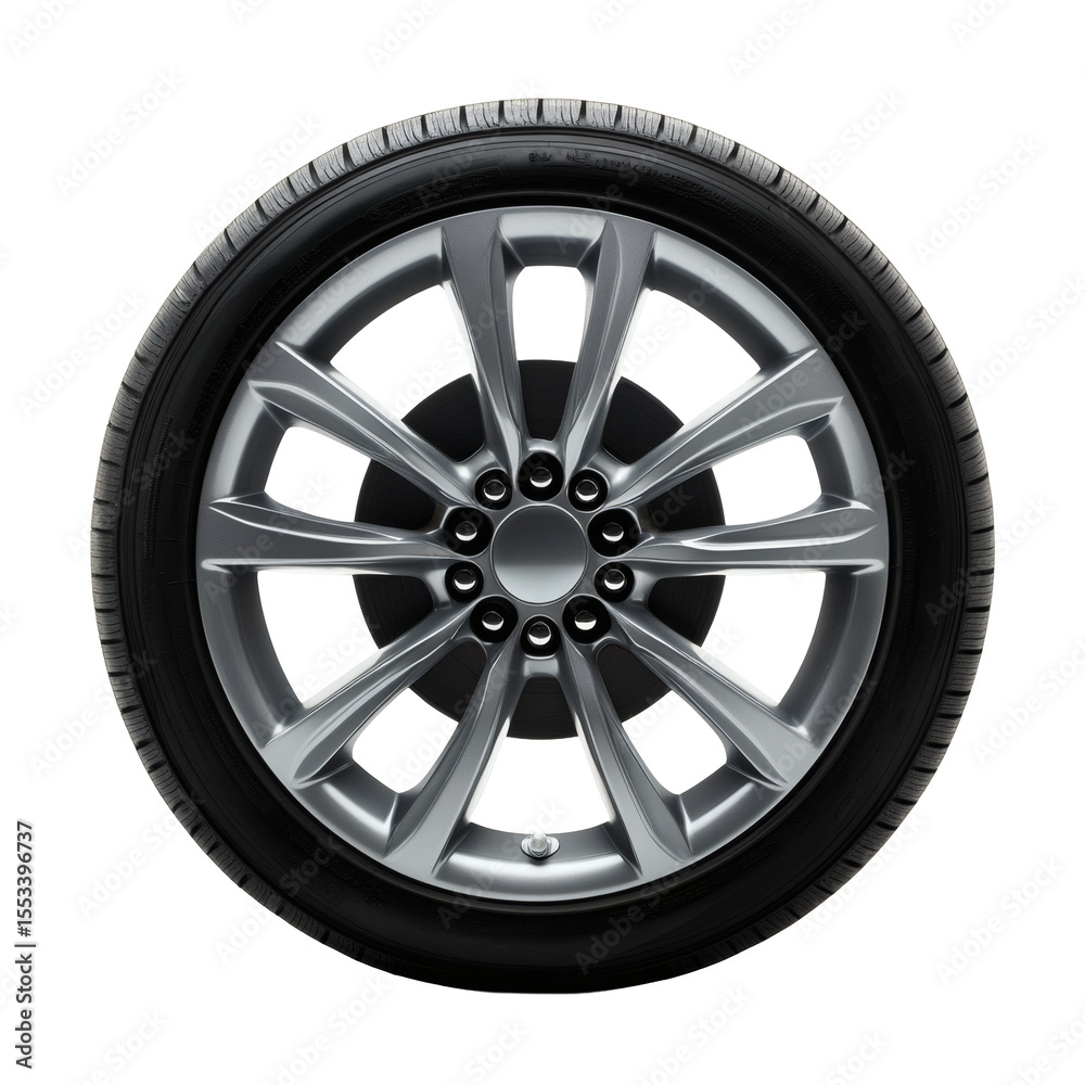 Modern Silver Car Wheel with All-Season Tire, Showcasing Automotive Design and Performance Components Modern Silver Car Wheel with All-Season Tire, Showcasing Automotive Design and Performance Components