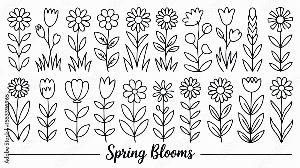 Fototapeta premium Black and White Doodle Style Spring Blooms HandDrawn Daisies and Tulips Illustration