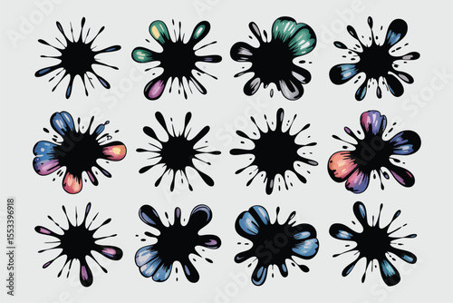 Black Ink Splatter Illustration Assorted Colorful Splashes and Blobs on a Light Gray Background Art