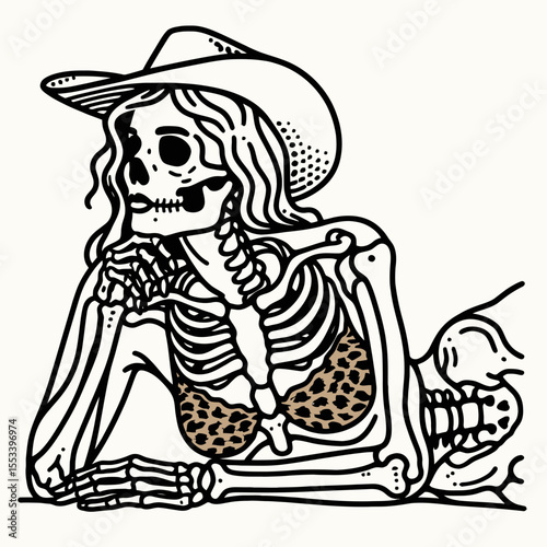 Cowgirl Female skeleton with leopard print lying down on stomach hands under chin. Cowboy Western American Cartoon Animal Clipart Line Art Vector Illustration. Ranch lady bone feline pattern.